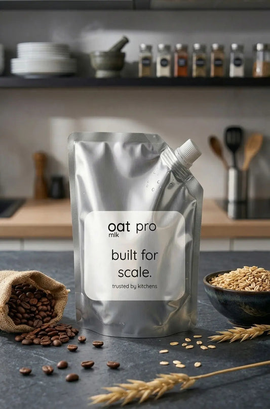 OatMlk Pro 1 Litre commercial oat milk pouch for cafés, restaurants, and home baking, showing sugar-free and lactose-free branding.