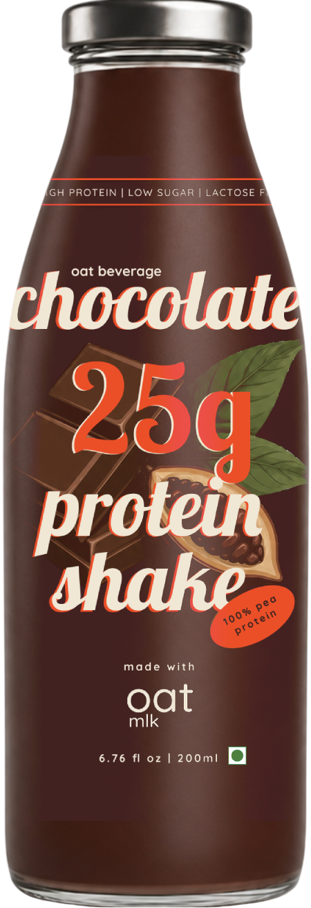 A bottle of chocolate oat protein shake on a plain white background. The bottle is dark brown to represent the chocolate shake itself, with a silver cap and a label featuring white and orange text, a chocolate bar graphic, and green leaves.