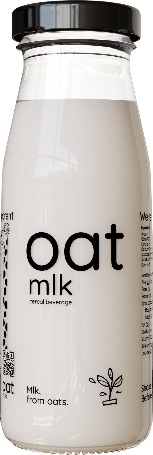 A bottle of oat milk cereal beverage with a black cap and a white label featuring black text and a small plant icon.