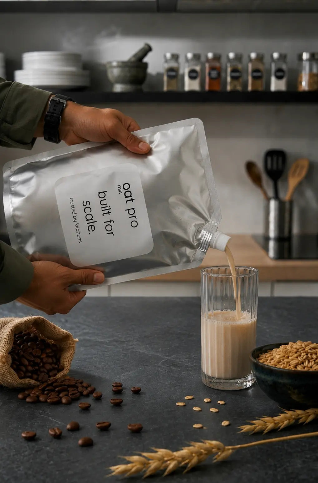 Barista pouring creamy plant-based OatMlk Pro into a coffee cup to create smooth latte art at a busy café.