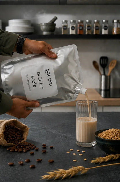 Barista pouring creamy plant-based OatMlk Pro into a coffee cup to create smooth latte art at a busy café.