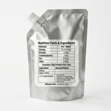 Silver pouch with nutrition facts label on a white background