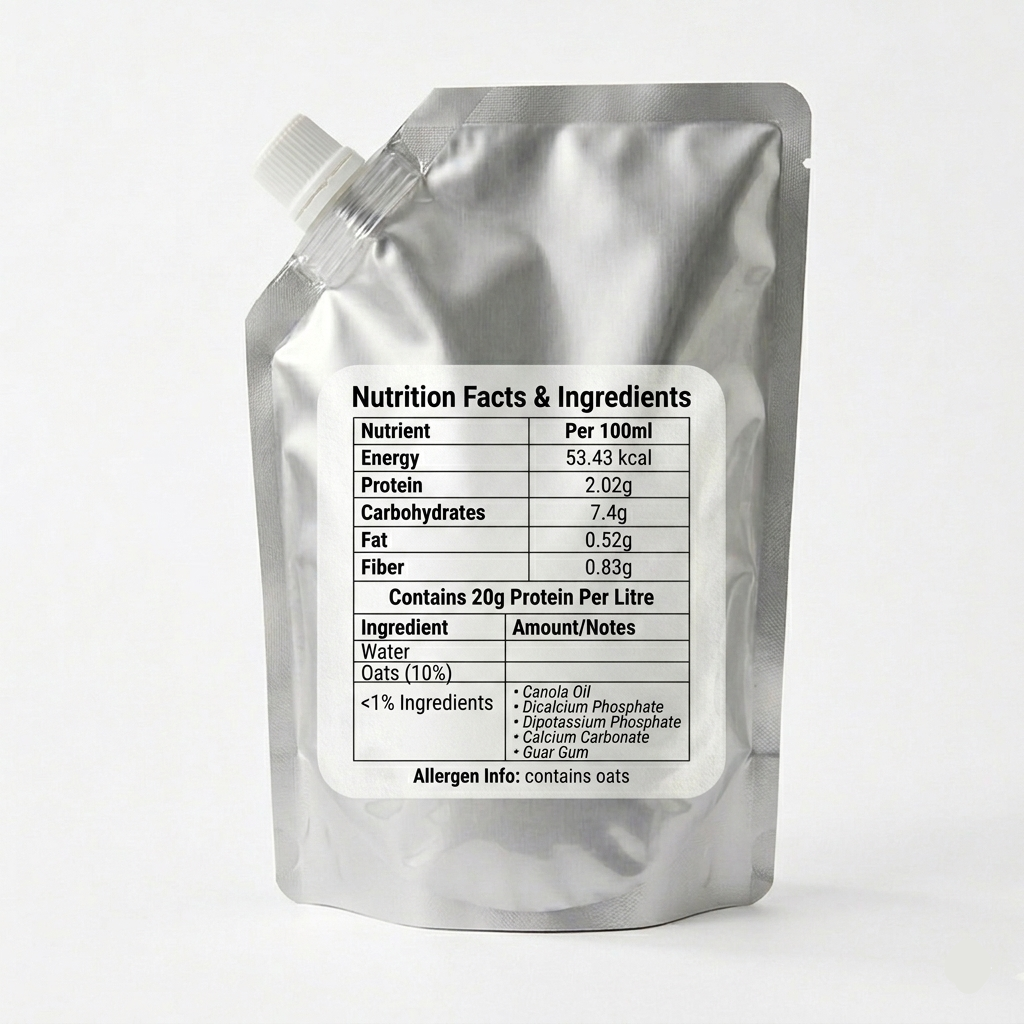 Silver pouch with nutrition facts label on a white background