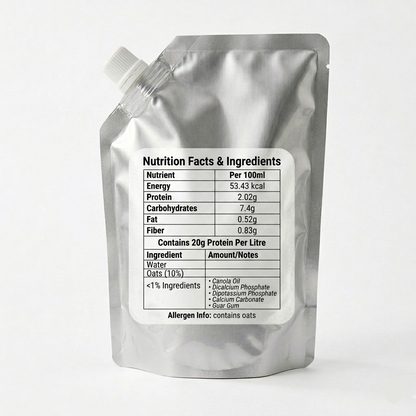 Silver pouch with nutrition facts label on a white background