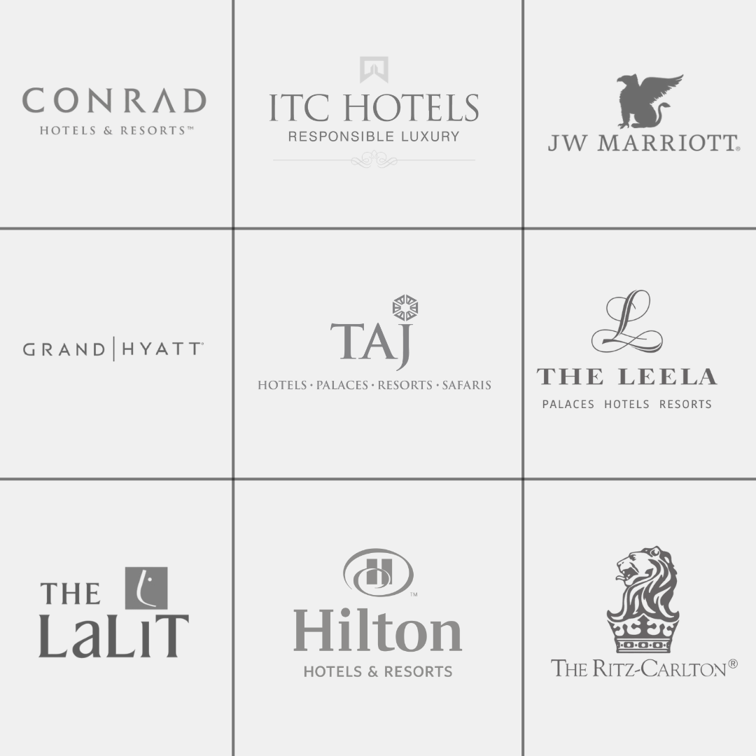 An image grid containing nine logos of luxury hotel chains, arranged in a three-by-three layout on a light gray background with dark borders separating each cell. All logos are rendered in a uniform dark gray monochrome style.

The logos are arranged as follows:

Top Row: Conrad Hotels & Resorts, ITC Hotels (with the tagline "Responsible Luxury"), and JW Marriott (featuring its griffin emblem).

Middle Row: Grand Hyatt, Taj Hotels Palaces Resorts Safaris, and The Leela Palaces Hotels Resorts (featuring a st