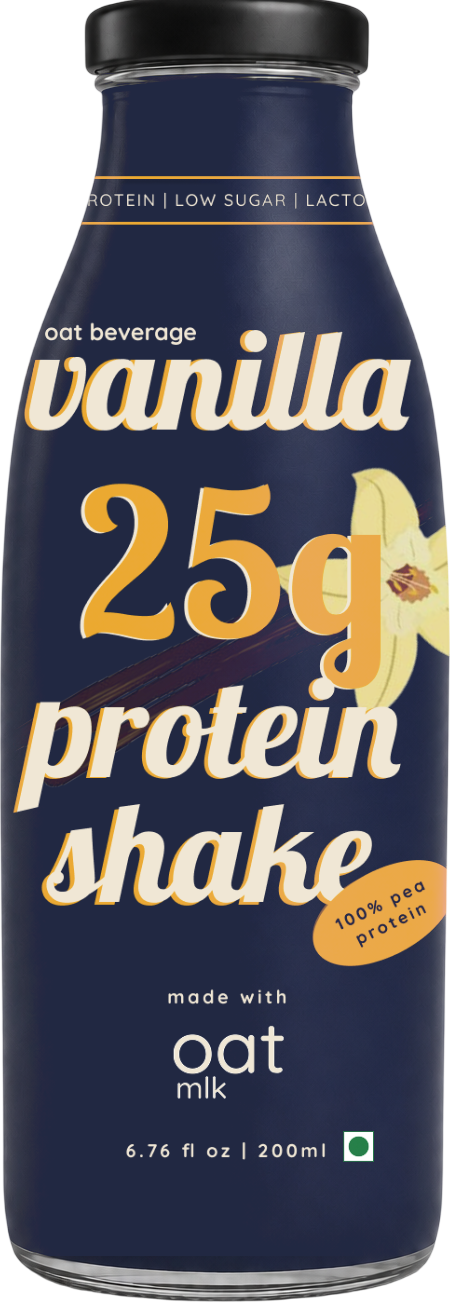 A bottle of vanilla 25g protein shake on a plain white background. The bottle is dark navy blue with white and yellow text, and a small vanilla bean illustration on the side.